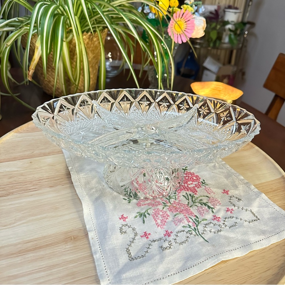 Vintage Pasari French Crystal Reversible Relish Tray Pedestal Bowl
